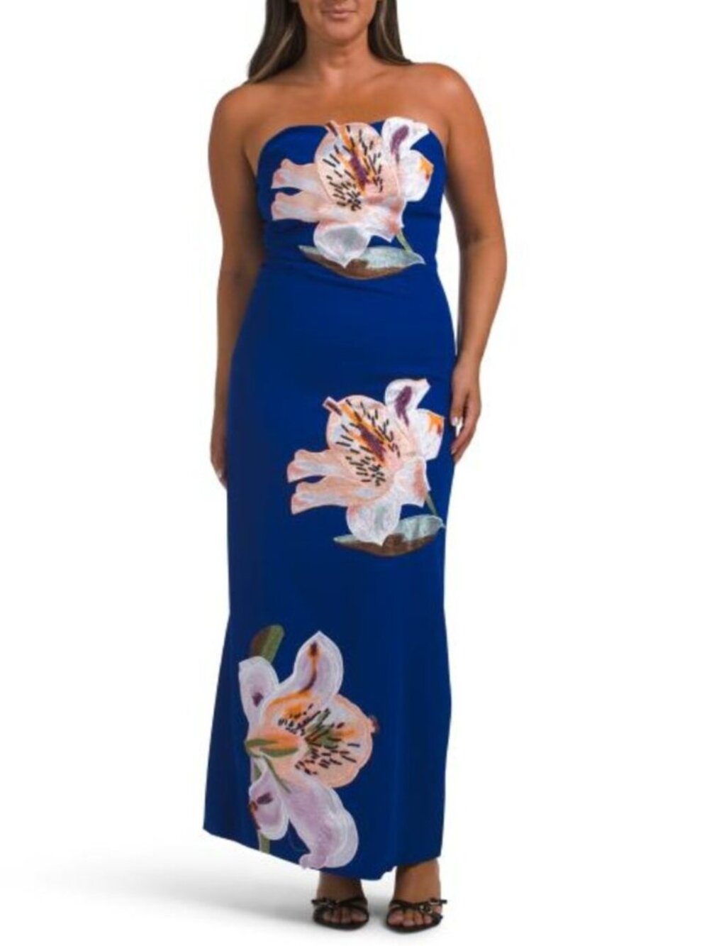 DALIA MACPHEE Strapless Floral Applique Midi Dress
